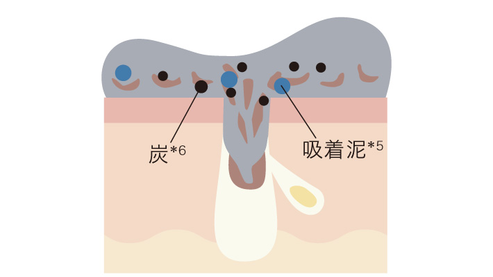 吸着泥と炭が汚れを吸着するイメージ
